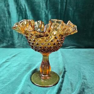 Vintage Fenton Amber Hobnail Ruffled Compote Candy Dish 5.5" Tall